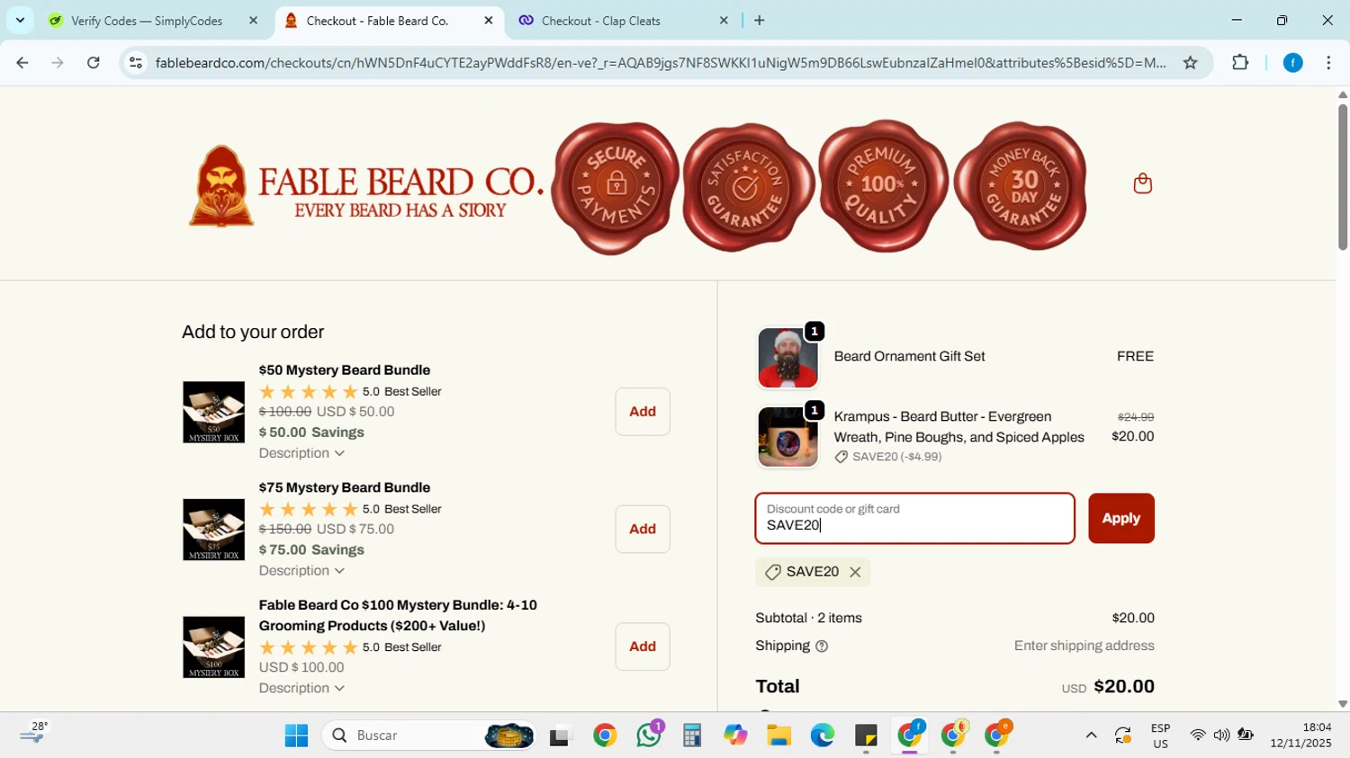 Fable Beard discount code screenshot showing code SAVE20 applied at Fable Beard checkout page. Uploaded by SimplyCodes community member FRANCYCASERES12 on Nov 12, 2025