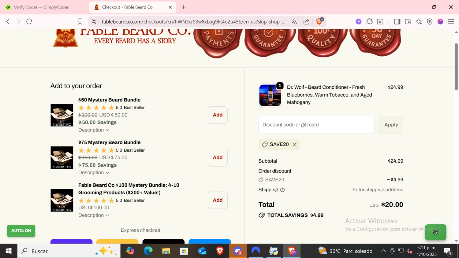 Fable Beard discount code screenshot showing code SAVE20 applied at Fable Beard checkout page. Uploaded by SimplyCodes community member CODMOBILE2 on Oct 1, 2025