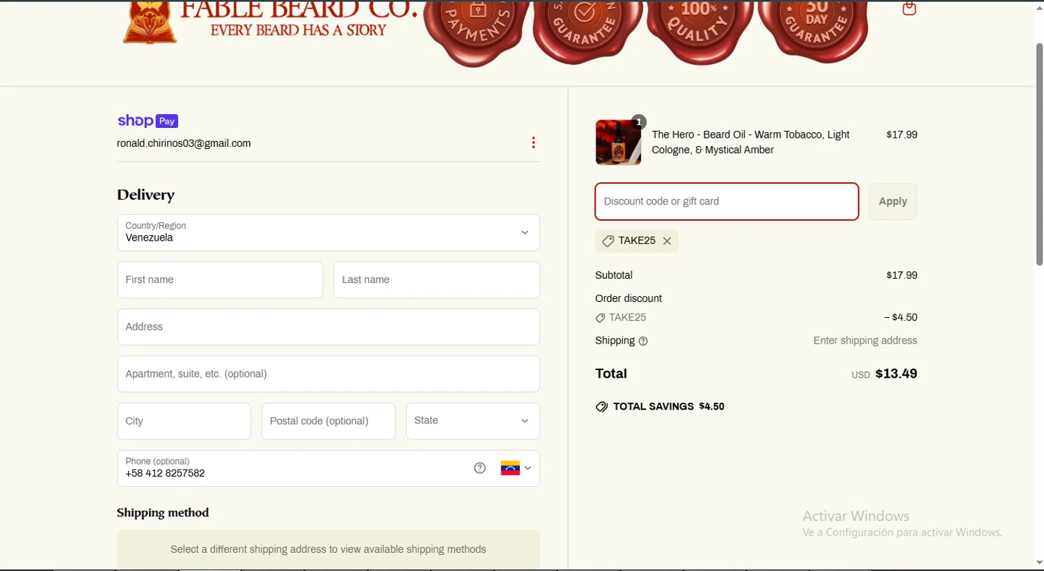 Fable Beard discount code screenshot showing code TAKE25 applied at Fable Beard checkout page. Uploaded by SimplyCodes community member GoldAce6962 on Mar 26, 2025