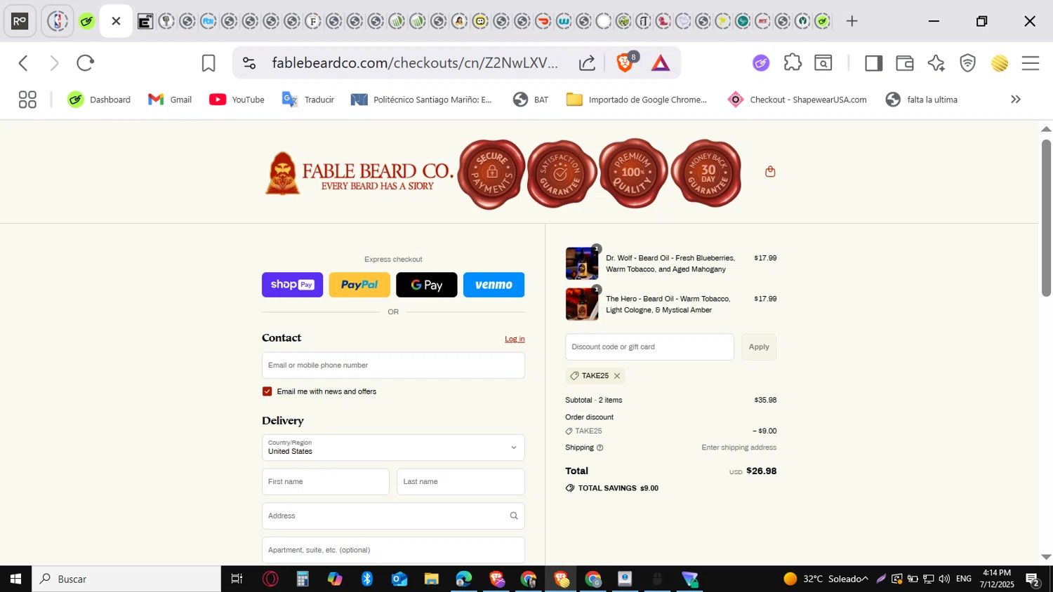 Fable Beard discount code screenshot showing code TAKE25 applied at Fable Beard checkout page. Uploaded by SimplyCodes community member conorgrey on Jul 12, 2025