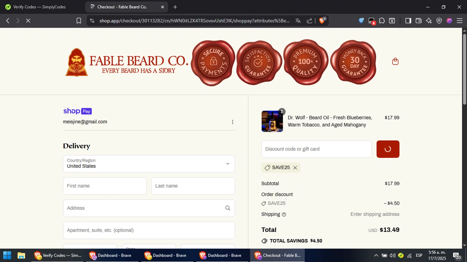 Fable Beard discount code screenshot showing code save25 applied at Fable Beard checkout page. Uploaded by SimplyCodes community member Cynoxx on Jul 17, 2025