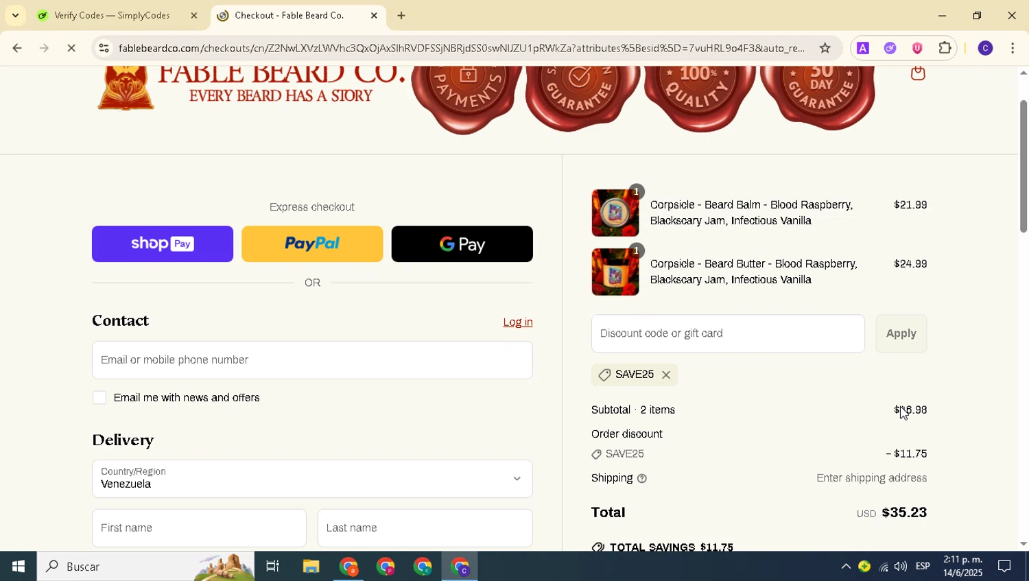 Fable Beard discount code screenshot showing code save25 applied at Fable Beard checkout page. Uploaded by SimplyCodes community member alexanderarnold on Jun 14, 2025