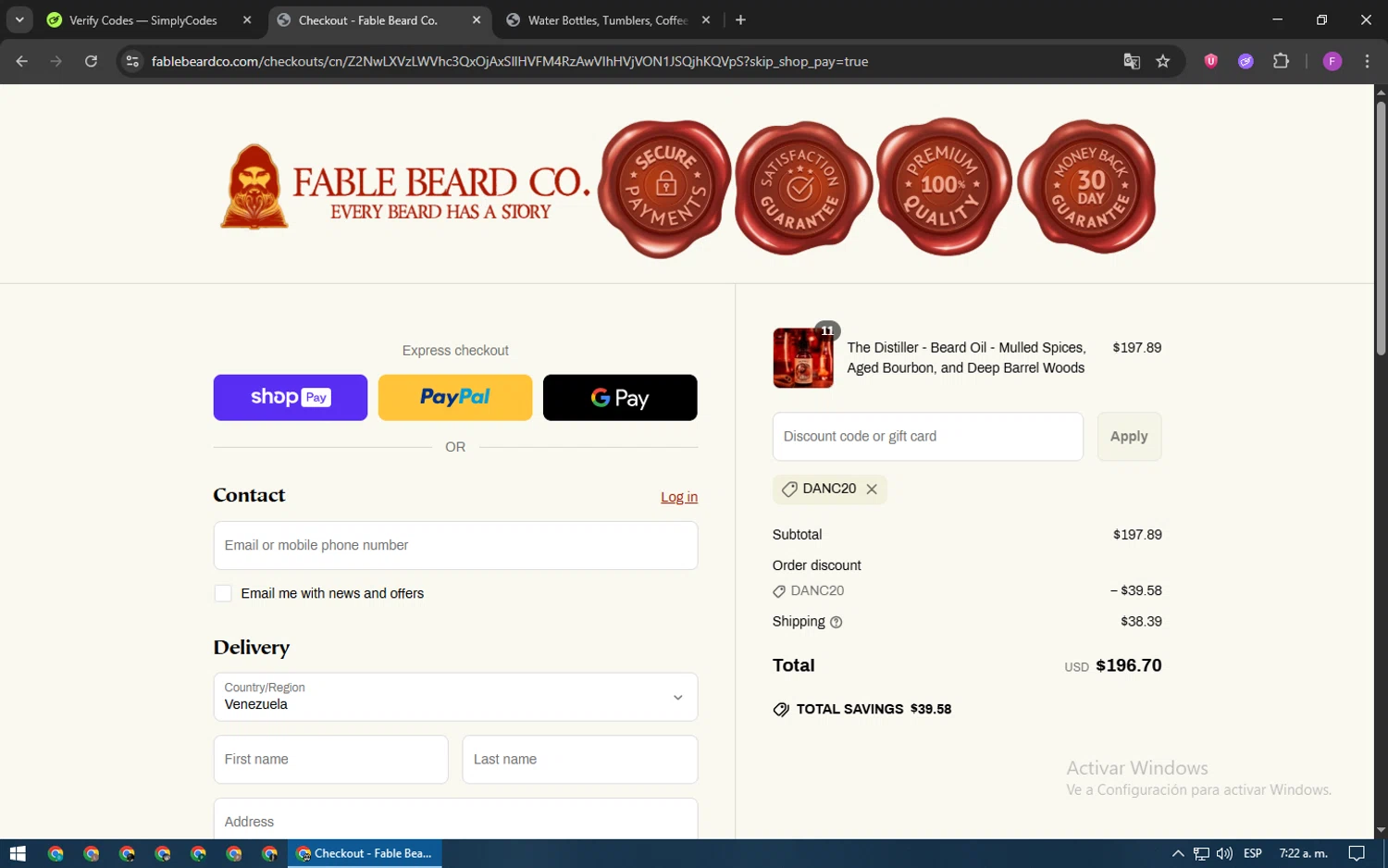 Fable Beard discount code screenshot showing code DANC20 applied at Fable Beard checkout page. Uploaded by SimplyCodes community member CleverSpotter6431 on Jun 24, 2025