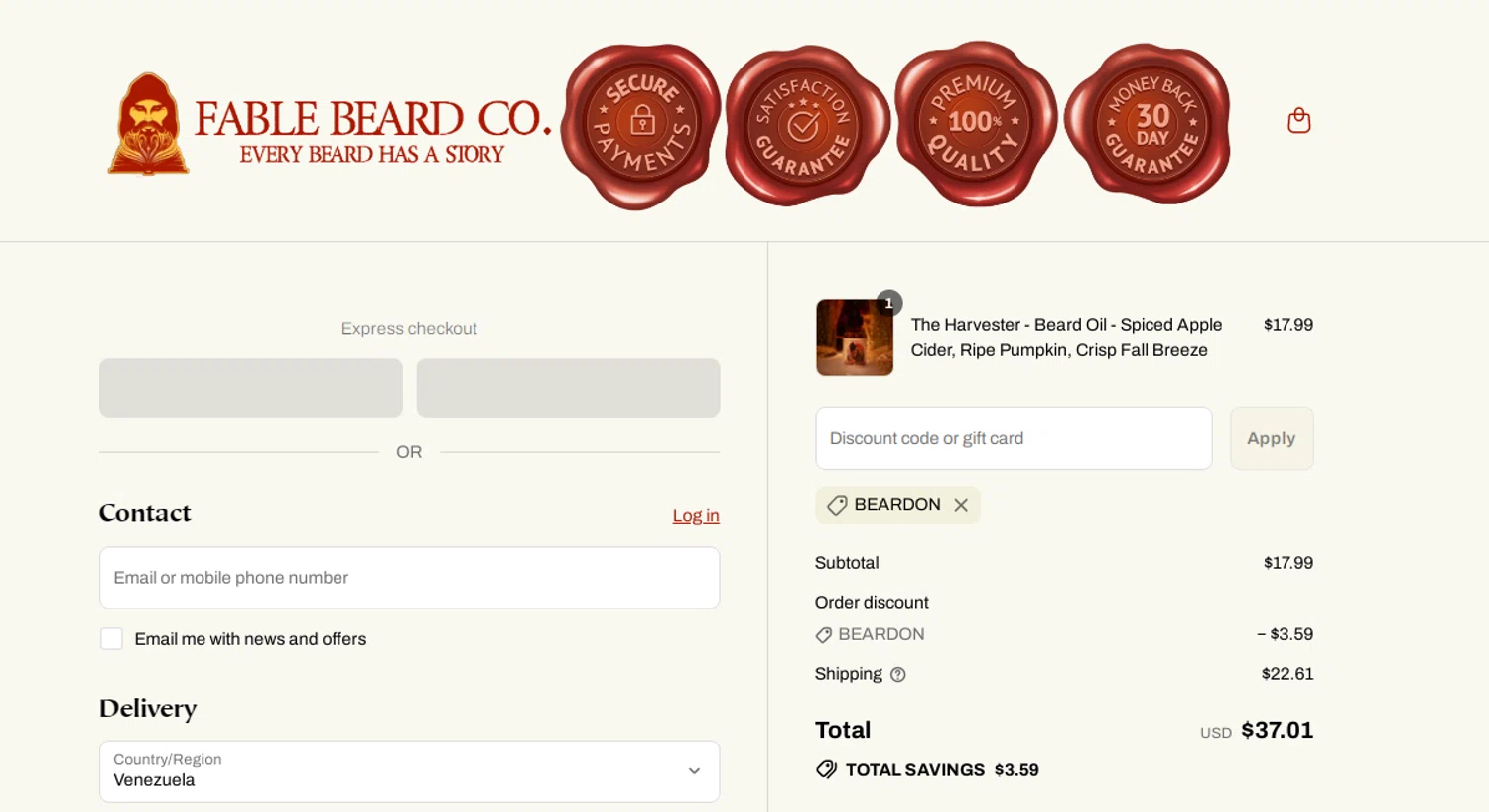 Fable Beard discount code screenshot showing code BEARDON applied at Fable Beard checkout page. Uploaded by SimplyCodes community member RonaldAcunaJr on Aug 14, 2025
