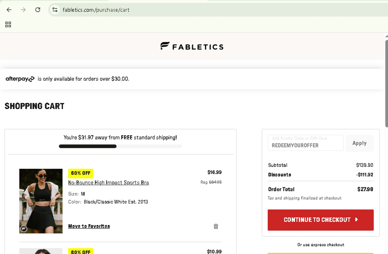 Fabletics promo code screenshot showing code REDEEMYOUROFFER applied at Fabletics checkout page. Uploaded by SimplyCodes community member NobleSentinel8535 on Aug 26, 2025