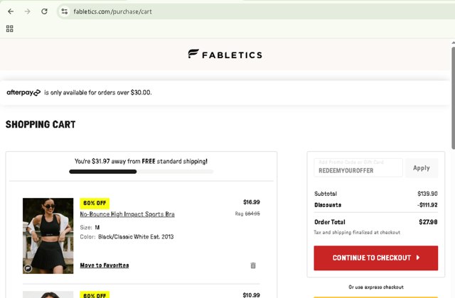 Fabletics checkout page showing Fabletics promo code box | Screenshot taken by SimplyCodes community member on Aug 26, 2025