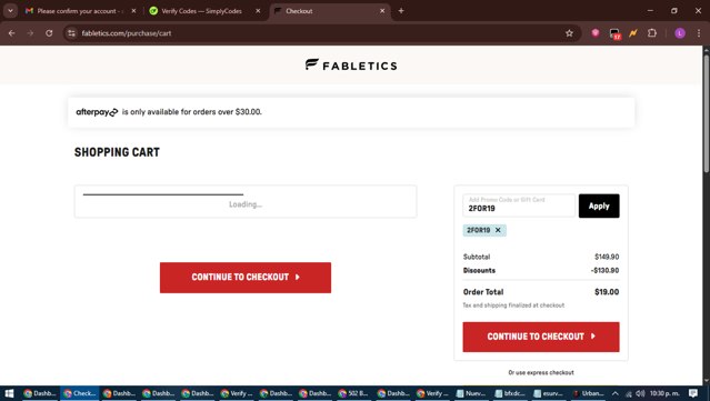 Fabletics checkout page showing Fabletics promo code box | Screenshot taken by SimplyCodes community member on Aug 16, 2025