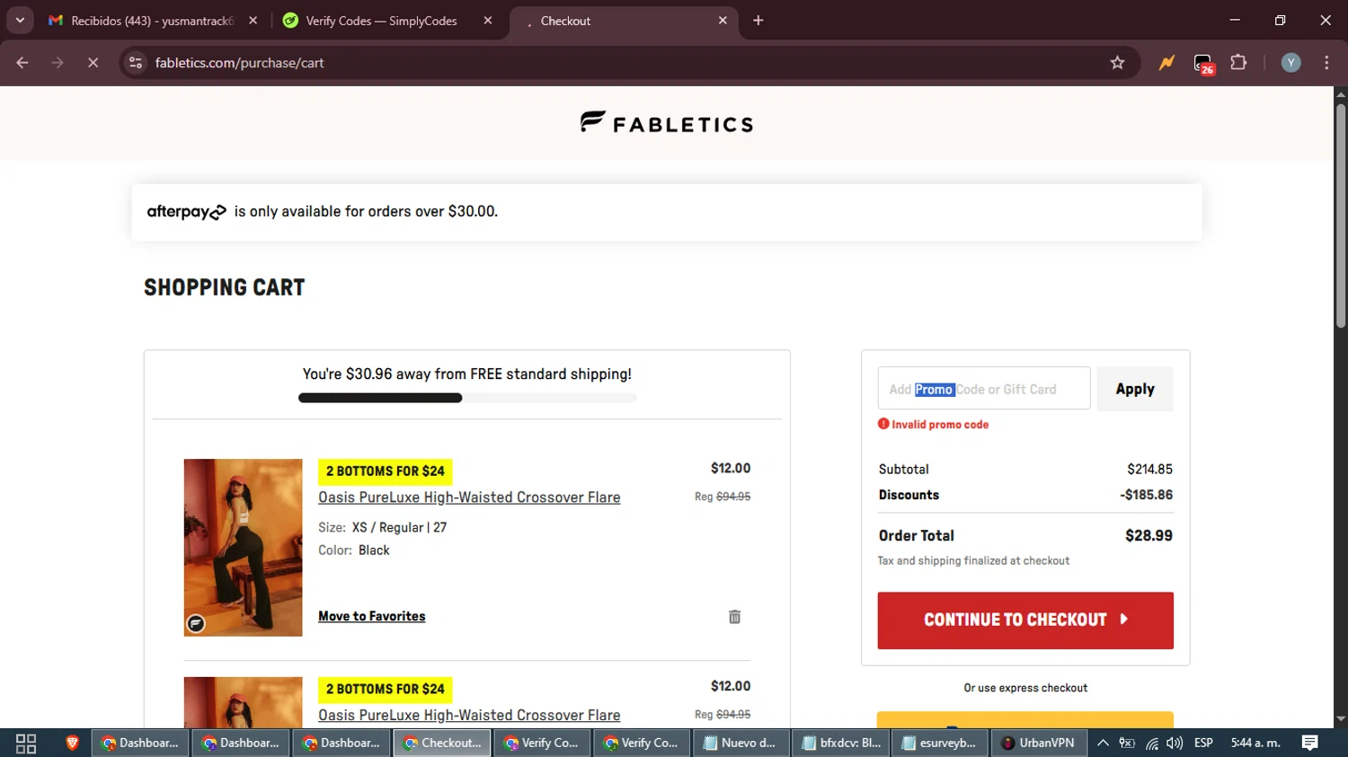Fabletics promo code screenshot showing code GET35NOW applied at Fabletics checkout page. Uploaded by SimplyCodes community member MoneyTiger5162 on Aug 19, 2025
