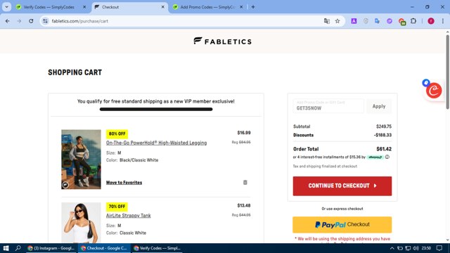 Fabletics checkout page showing Fabletics promo code box | Screenshot taken by SimplyCodes community member on Aug 19, 2025