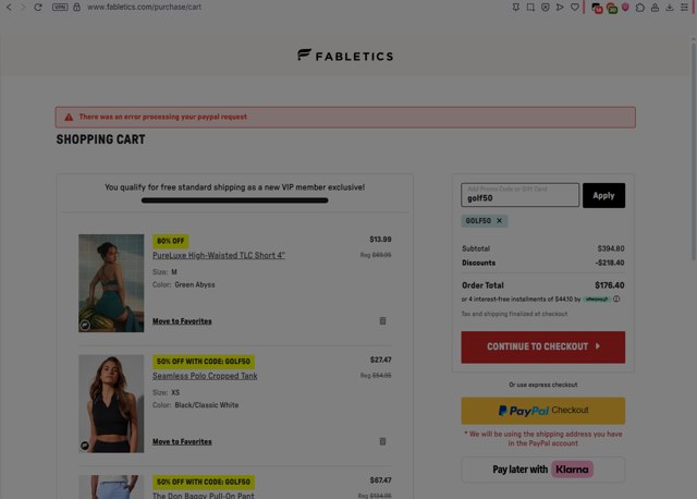 Fabletics checkout page showing Fabletics promo code box | Screenshot taken by SimplyCodes community member on Aug 18, 2025