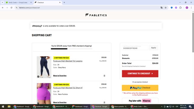 Fabletics checkout page showing Fabletics promo code box | Screenshot taken by SimplyCodes community member on Aug 28, 2025