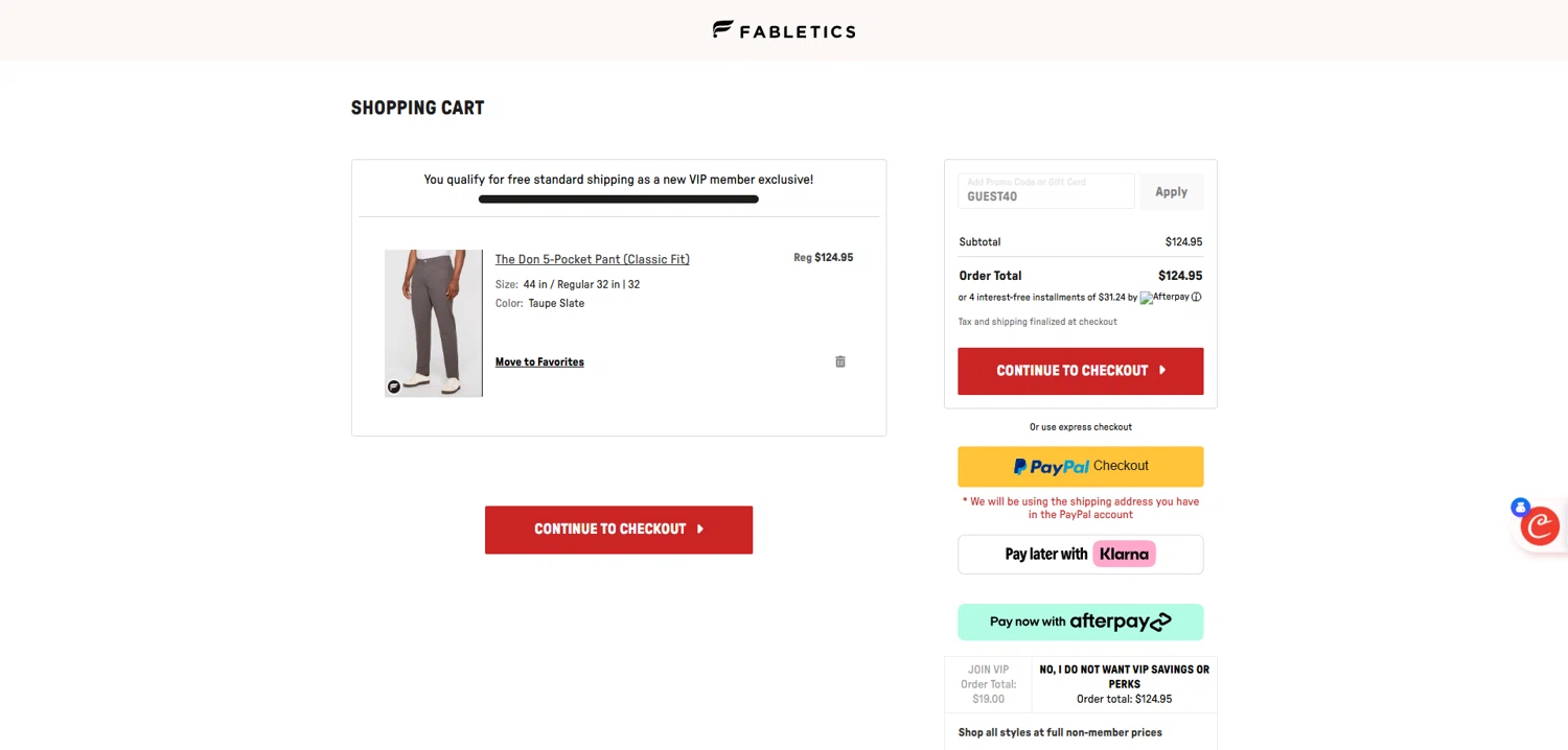 Fabletics promo code screenshot showing code GUEST40 applied at Fabletics checkout page. Uploaded by SimplyCodes community member Dorothy on Aug 28, 2025