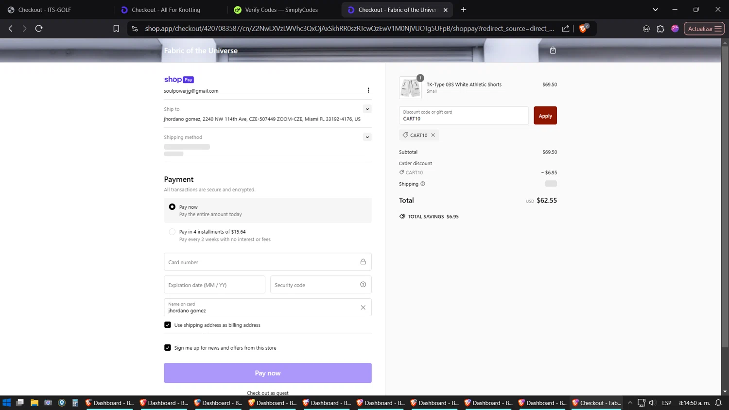 Fabric of the Universe discount code screenshot showing code CART10 applied at Fabric of the Universe checkout page. Uploaded by SimplyCodes community member jhordano on Jan 16, 2025