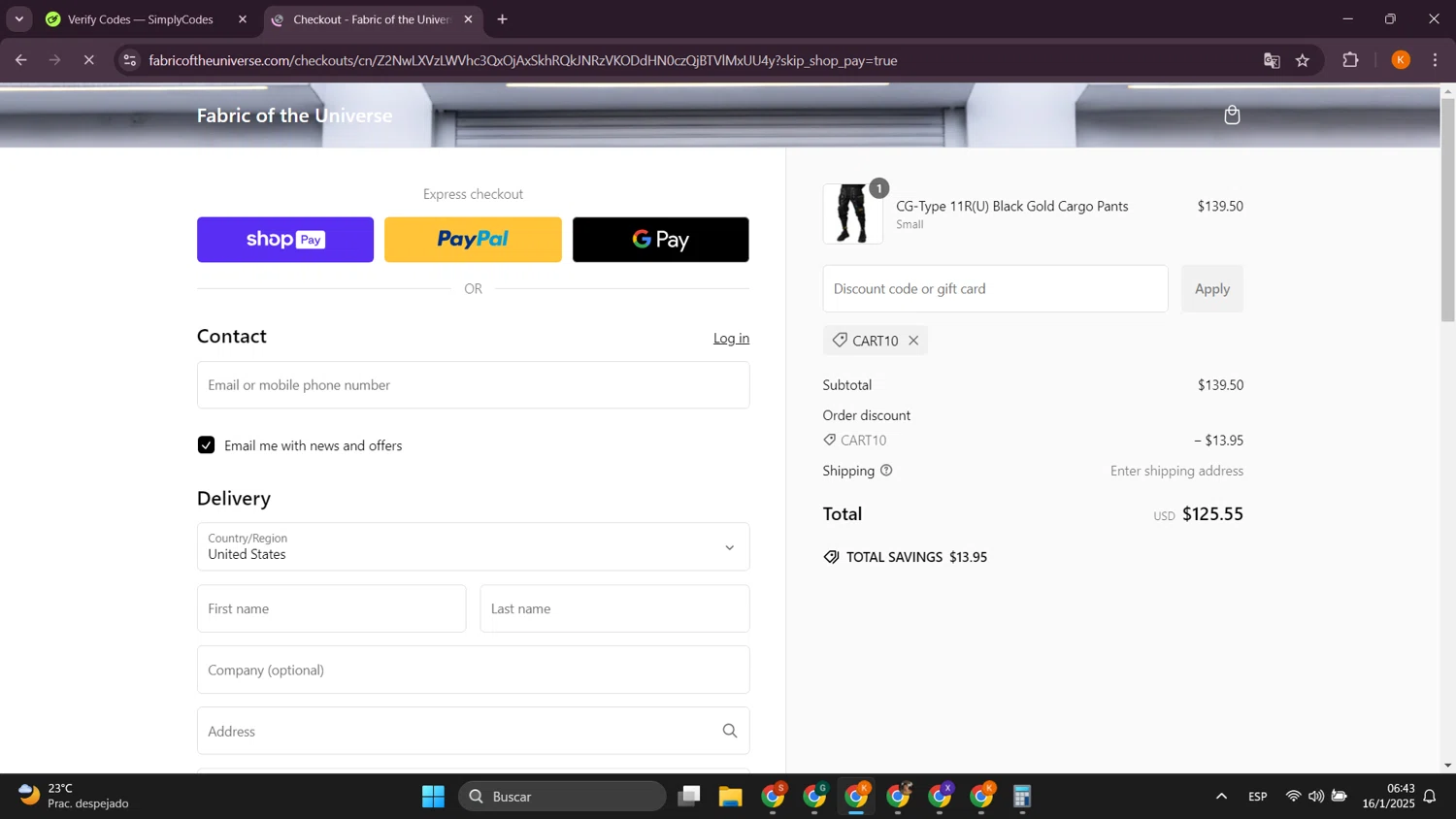 Fabric of the Universe discount code screenshot showing code CART10 applied at Fabric of the Universe checkout page. Uploaded by SimplyCodes community member davidsalazar on Jan 16, 2025