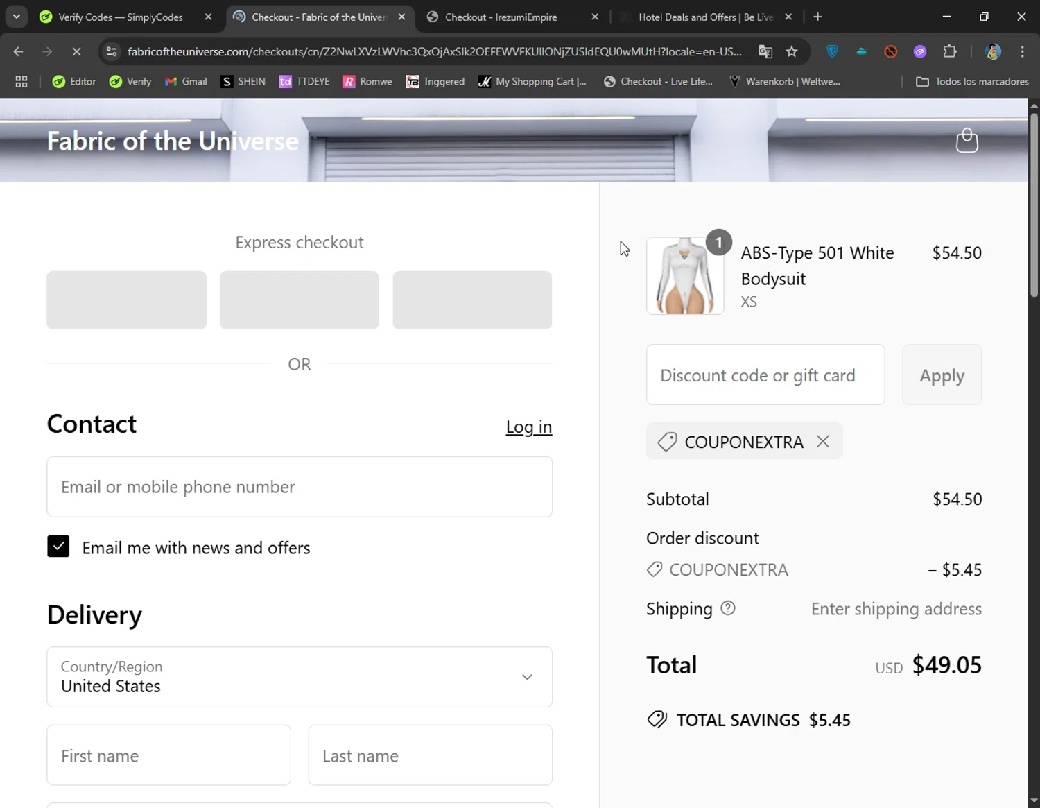 Fabric of the Universe discount code screenshot showing code couponextra applied at Fabric of the Universe checkout page. Uploaded by SimplyCodes community member CoolMcCool on Jun 20, 2025