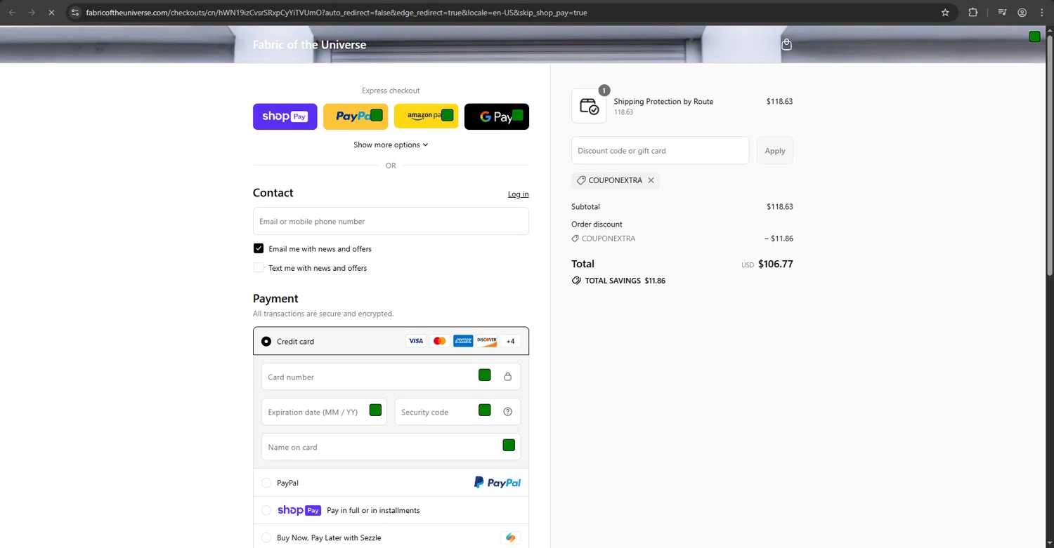 Fabric of the Universe discount code screenshot showing code couponextra applied at Fabric of the Universe checkout page. Uploaded by SimplyCodes community member zzzzzzza on Jul 28, 2025