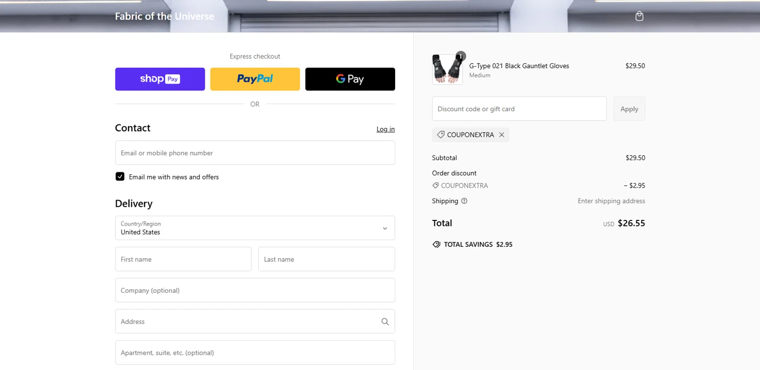 Fabric of the Universe discount code screenshot showing code couponextra applied at Fabric of the Universe checkout page. Uploaded by SimplyCodes community member BrillianteMaestro892 on Feb 26, 2025