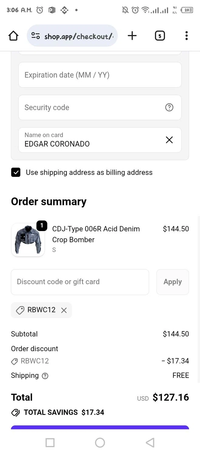 Fabric of the Universe discount code screenshot showing code RBWC12 applied at Fabric of the Universe checkout page. Uploaded by SimplyCodes community member tumiedo on Oct 20, 2025