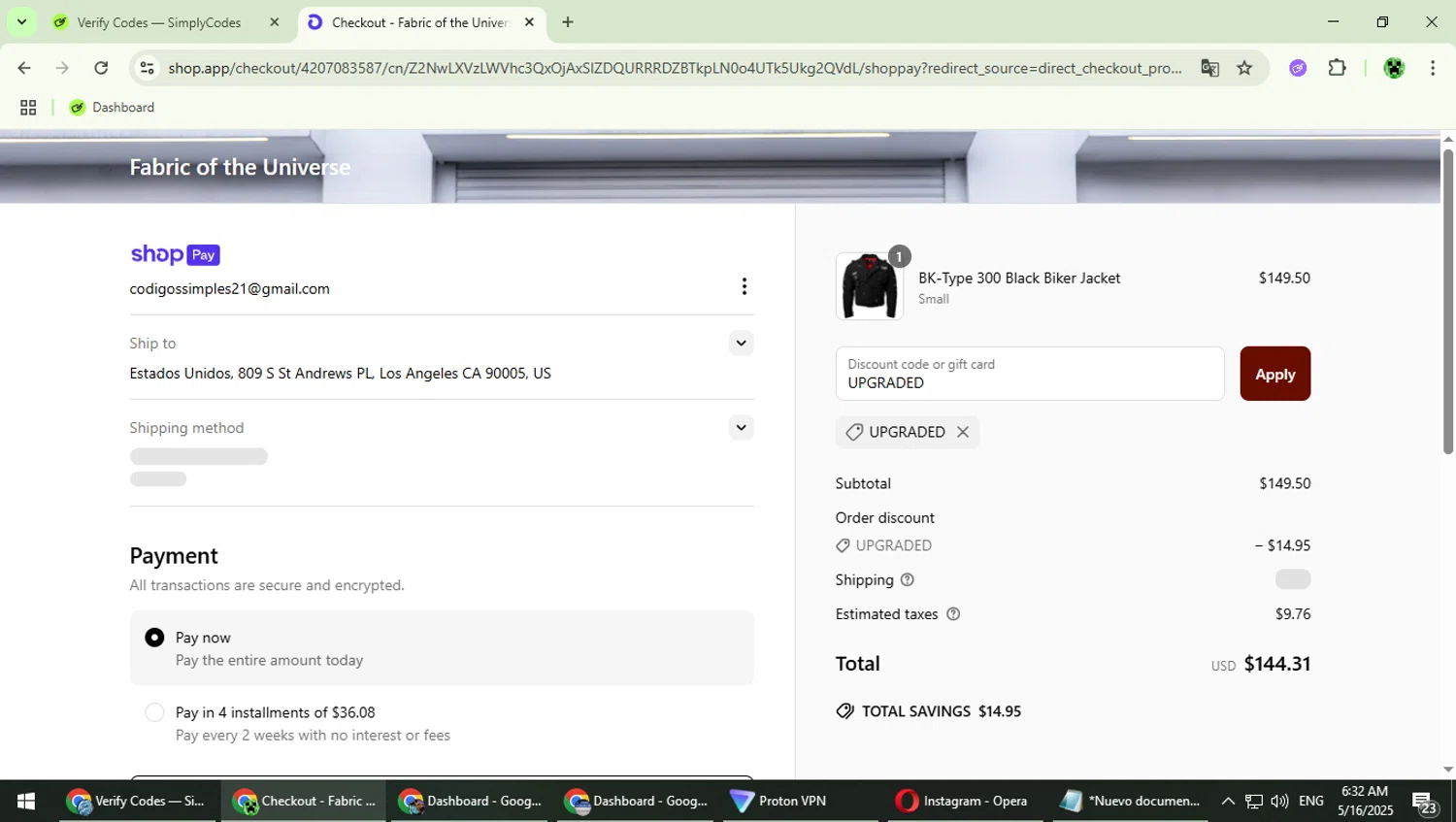 Fabric of the Universe discount code screenshot showing code UPGRADED applied at Fabric of the Universe checkout page. Uploaded by SimplyCodes community member MaitoGai on May 16, 2025