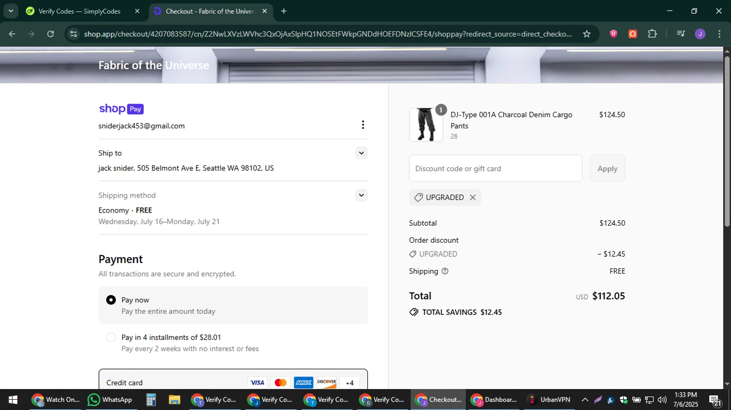 Fabric of the Universe discount code screenshot showing code UPGRADED applied at Fabric of the Universe checkout page. Uploaded by SimplyCodes community member sniderjack453 on Jul 6, 2025