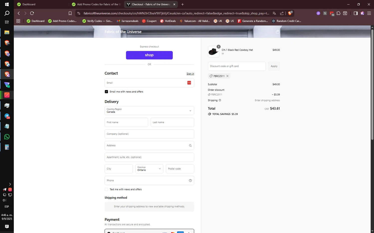 Fabric of the Universe discount code screenshot showing code FBRC2511 applied at Fabric of the Universe checkout page. Uploaded by SimplyCodes community member CoreSeeker9184 on Sep 9, 2025
