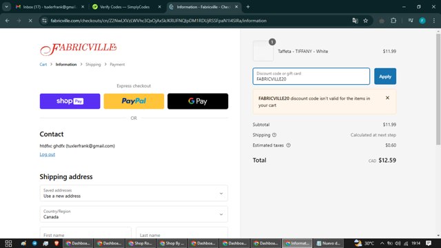 Fabricville checkout page showing Fabricville discount code box | Screenshot taken by SimplyCodes community member on Oct 31, 2024