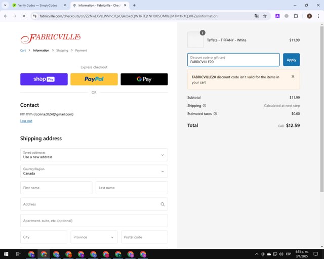 Fabricville checkout page showing Fabricville discount code box | Screenshot taken by SimplyCodes community member on Jan 3, 2025