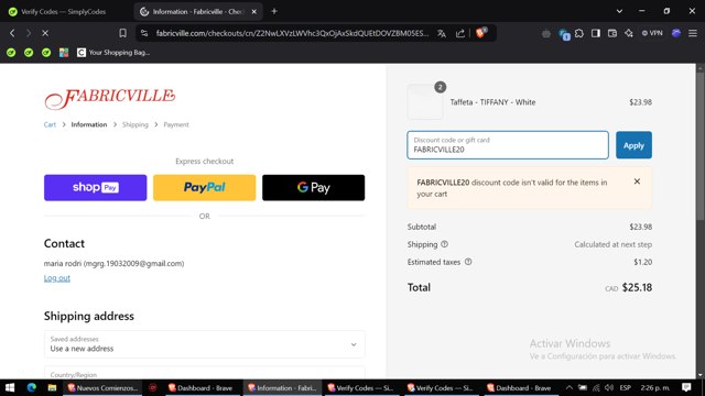 Fabricville checkout page showing Fabricville discount code box | Screenshot taken by SimplyCodes community member on Jan 3, 2025