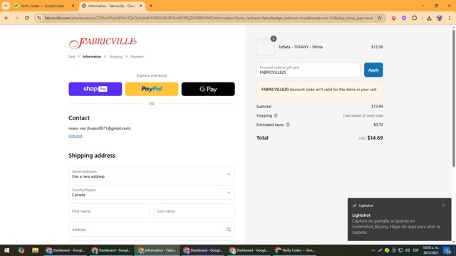 Fabricville checkout page showing Fabricville discount code box | Screenshot taken by SimplyCodes community member on May 30, 2025