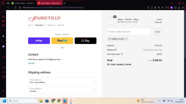 Fabricville checkout page showing Fabricville discount code box | Screenshot taken by SimplyCodes community member on Aug 12, 2025