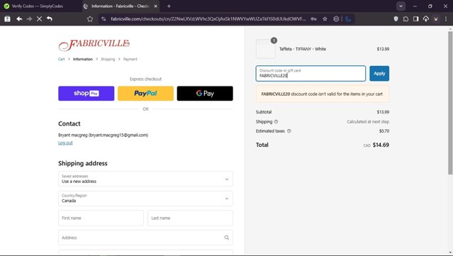 Fabricville checkout page showing Fabricville discount code box | Screenshot taken by SimplyCodes community member on Feb 21, 2025