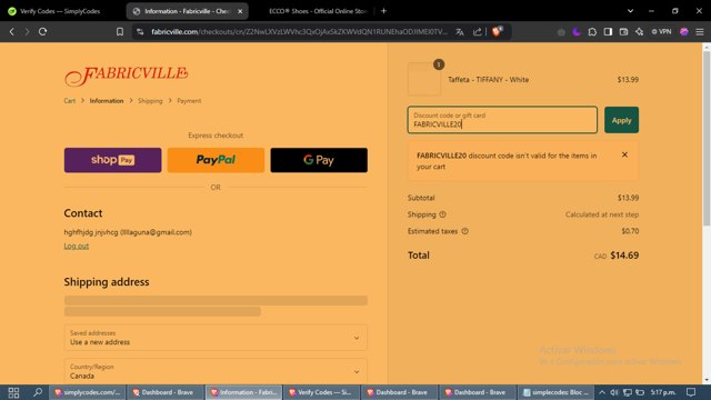 Fabricville checkout page showing Fabricville discount code box | Screenshot taken by SimplyCodes community member on Dec 20, 2024