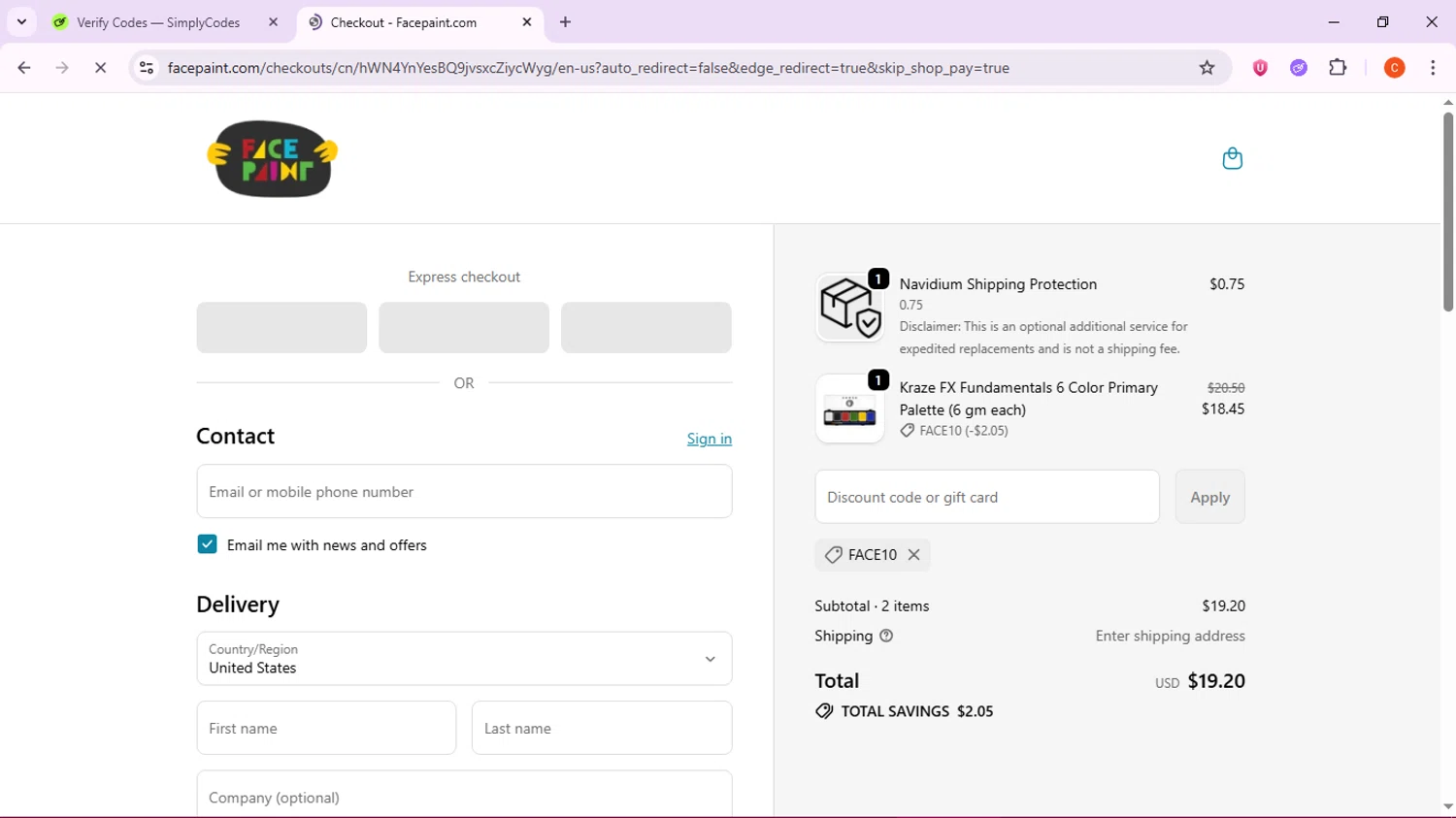 Face Paint Supplies promo code screenshot showing code FACE10 applied at Face Paint Supplies checkout page. Uploaded by SimplyCodes community member CleverFox763 on Oct 26, 2025