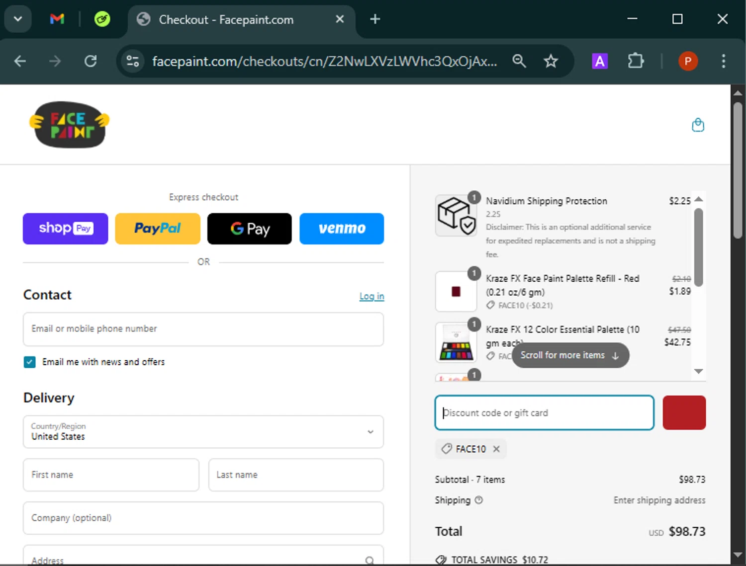 Face Paint Supplies promo code screenshot showing code FACE10 applied at Face Paint Supplies checkout page. Uploaded by SimplyCodes community member Isabelle_adjanichamber on Apr 17, 2025