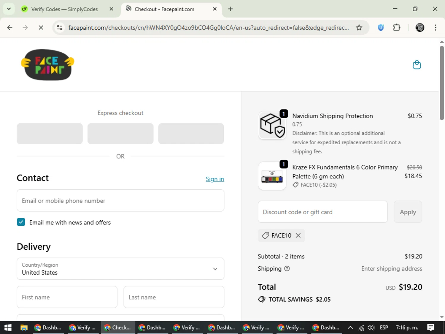 Face Paint Supplies promo code screenshot showing code FACE10 applied at Face Paint Supplies checkout page. Uploaded by SimplyCodes community member PrimeKnight6101 on Oct 25, 2025