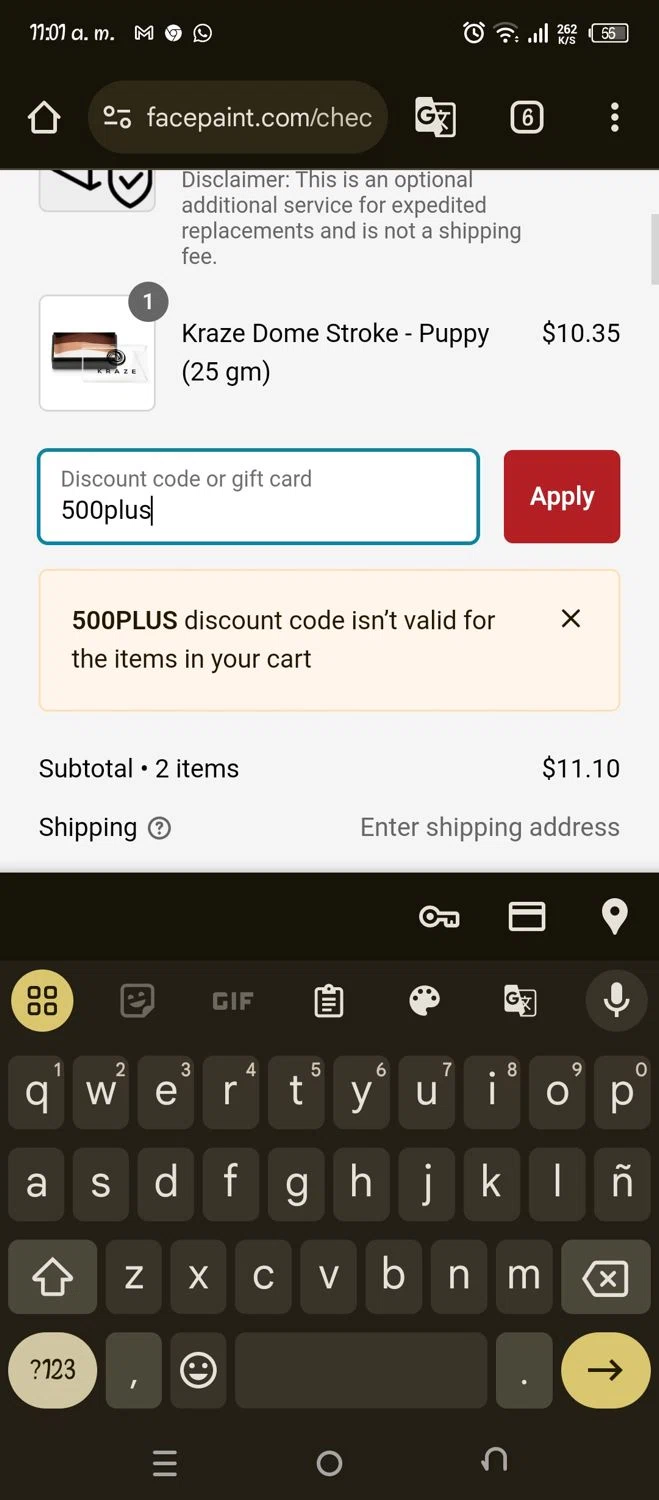 Face Paint Supplies promo code screenshot showing code 500plus applied at Face Paint Supplies checkout page. Uploaded by SimplyCodes community member Pipina on Jan 17, 2025