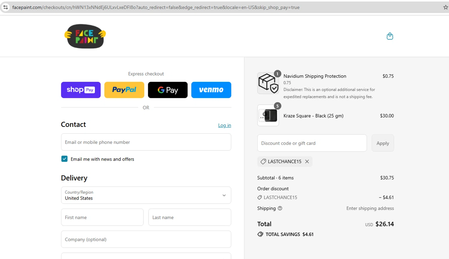 Face Paint Supplies promo code screenshot showing code LASTCHANCE15 applied at Face Paint Supplies checkout page. Uploaded by SimplyCodes community member YHLQMDLGN on Jul 26, 2025
