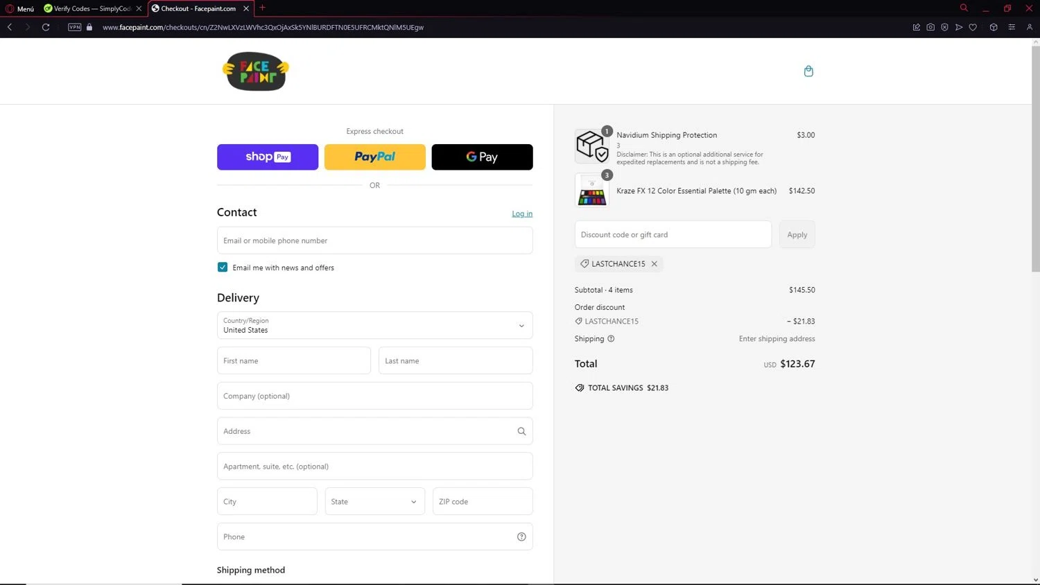 Face Paint Supplies promo code screenshot showing code LASTCHANCE15 applied at Face Paint Supplies checkout page. Uploaded by SimplyCodes community member NobleSaver8091 on Mar 9, 2025