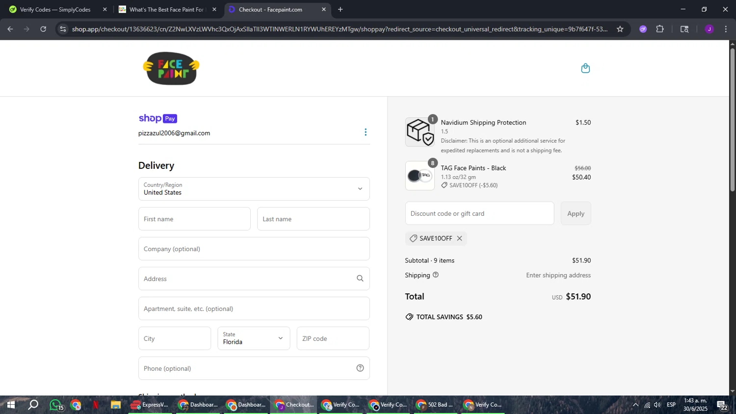 Face Paint Supplies promo code screenshot showing code SAVE10OFF applied at Face Paint Supplies checkout page. Uploaded by SimplyCodes community member ComeBurra123 on Jun 30, 2025