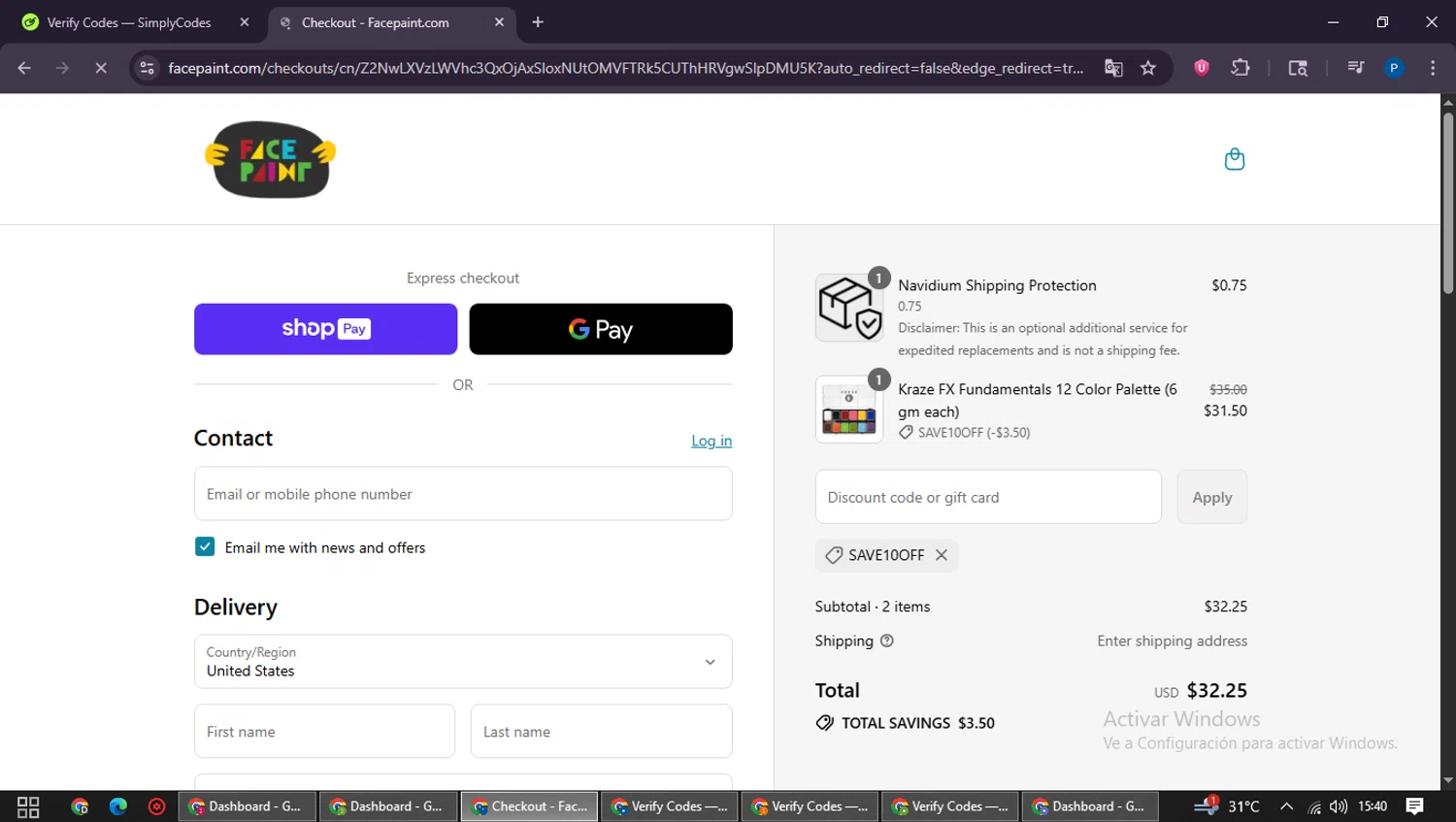 Face Paint Supplies promo code screenshot showing code SAVE10OFF applied at Face Paint Supplies checkout page. Uploaded by SimplyCodes community member QuestExpert3096 on Jun 30, 2025