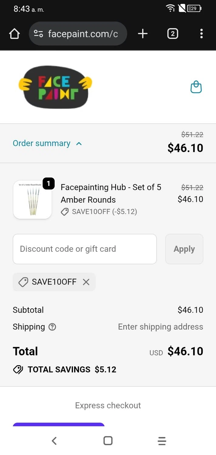 Face Paint Supplies promo code screenshot showing code SAVE10OFF applied at Face Paint Supplies checkout page. Uploaded by SimplyCodes community member RoyalSpotter5217 on Oct 30, 2025