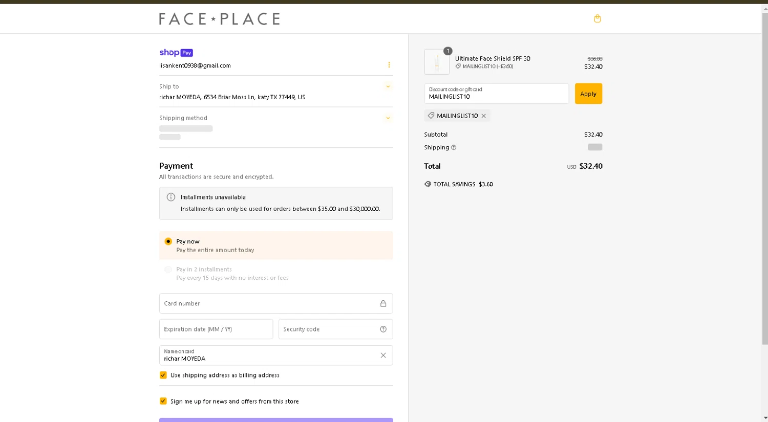 Face Place promo code screenshot showing code MAILINGLIST10 applied at Face Place checkout page. Uploaded by SimplyCodes community member Danmiel007 on Jan 24, 2025