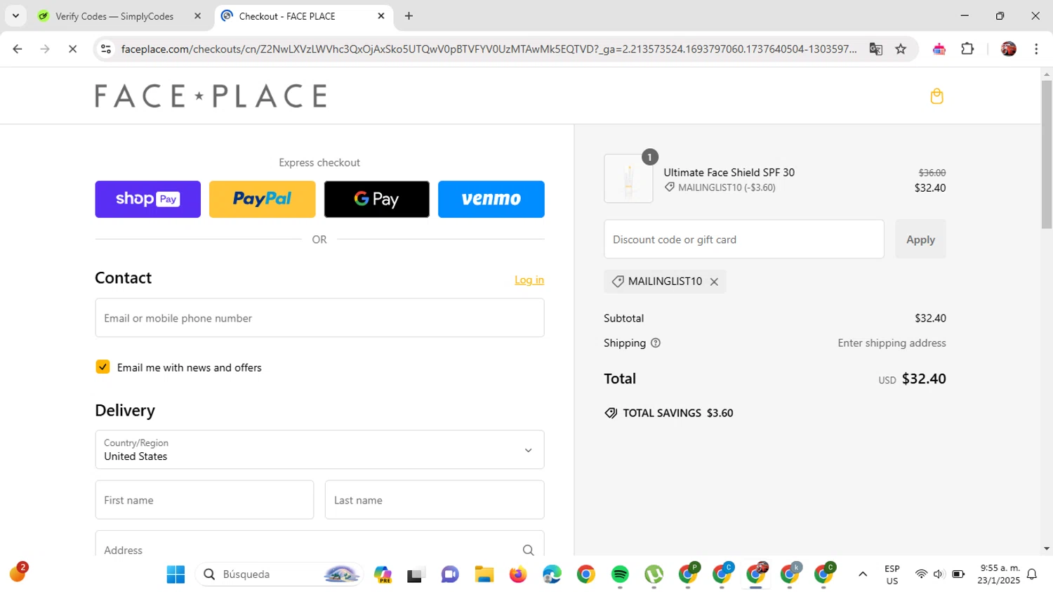 Face Place promo code screenshot showing code MAILINGLIST10 applied at Face Place checkout page. Uploaded by SimplyCodes community member GloriousDefender7889 on Jan 23, 2025