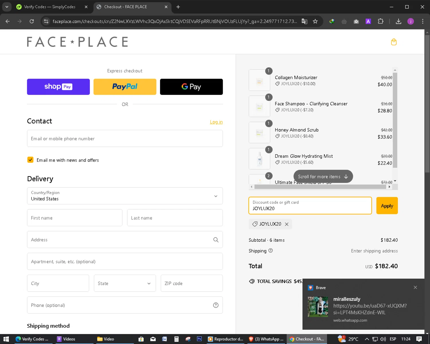 Face Place promo code screenshot showing code JOYLUX20 applied at Face Place checkout page. Uploaded by SimplyCodes community member Tazbravo on Feb 5, 2025