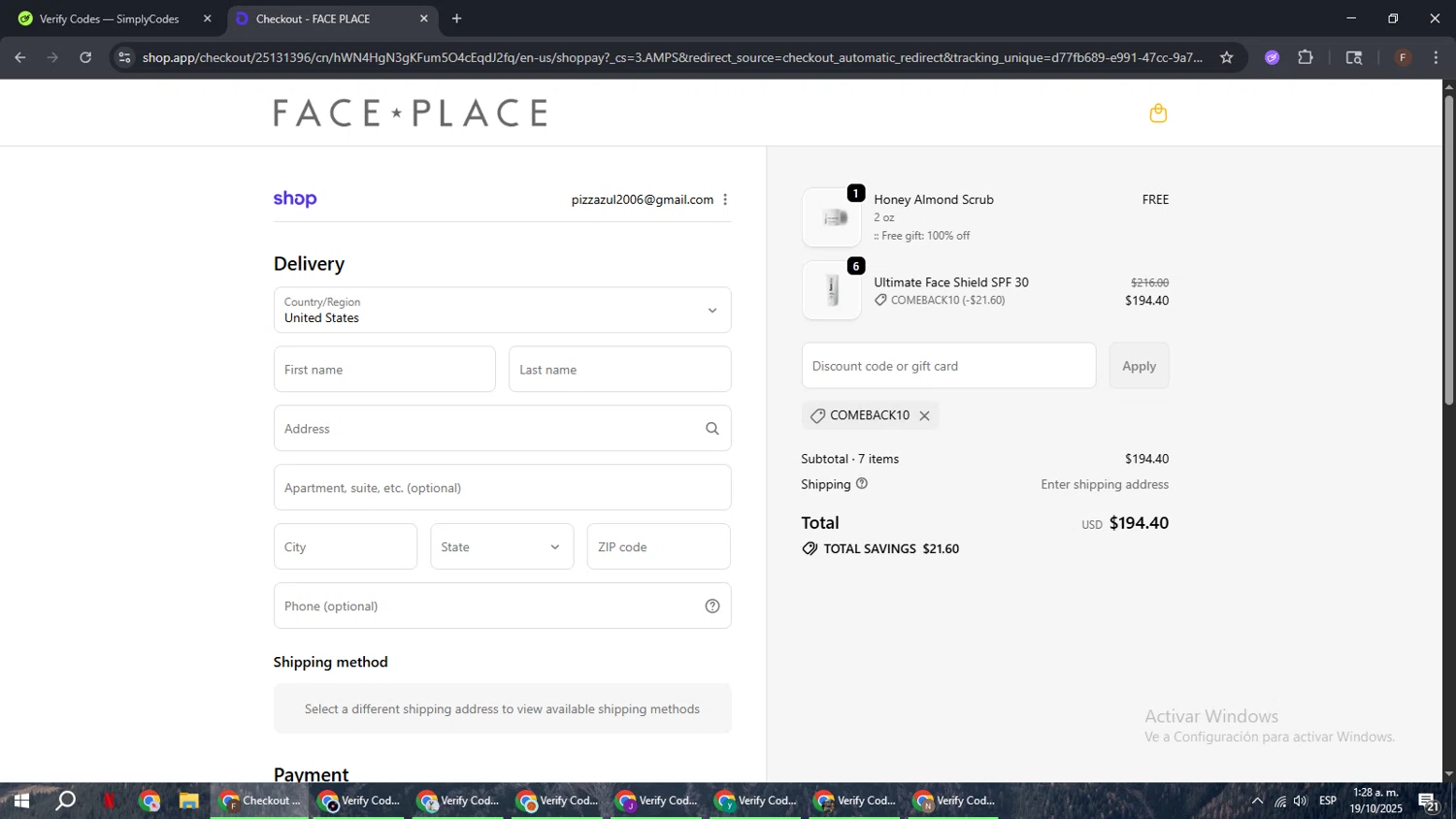 Face Place promo code screenshot showing code Comeback10 applied at Face Place checkout page. Uploaded by SimplyCodes community member ExtraordinaryHunter3076 on Oct 19, 2025