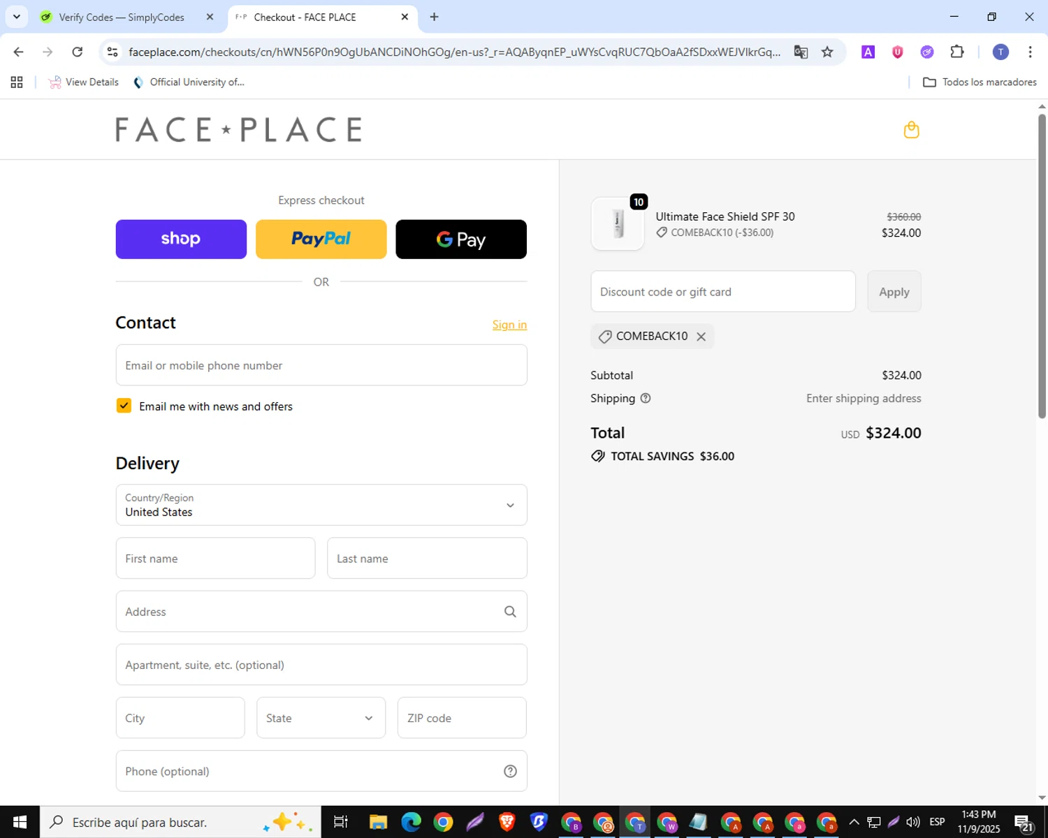 Face Place promo code screenshot showing code Comeback10 applied at Face Place checkout page. Uploaded by SimplyCodes community member ShrewdSaver8478 on Nov 9, 2025