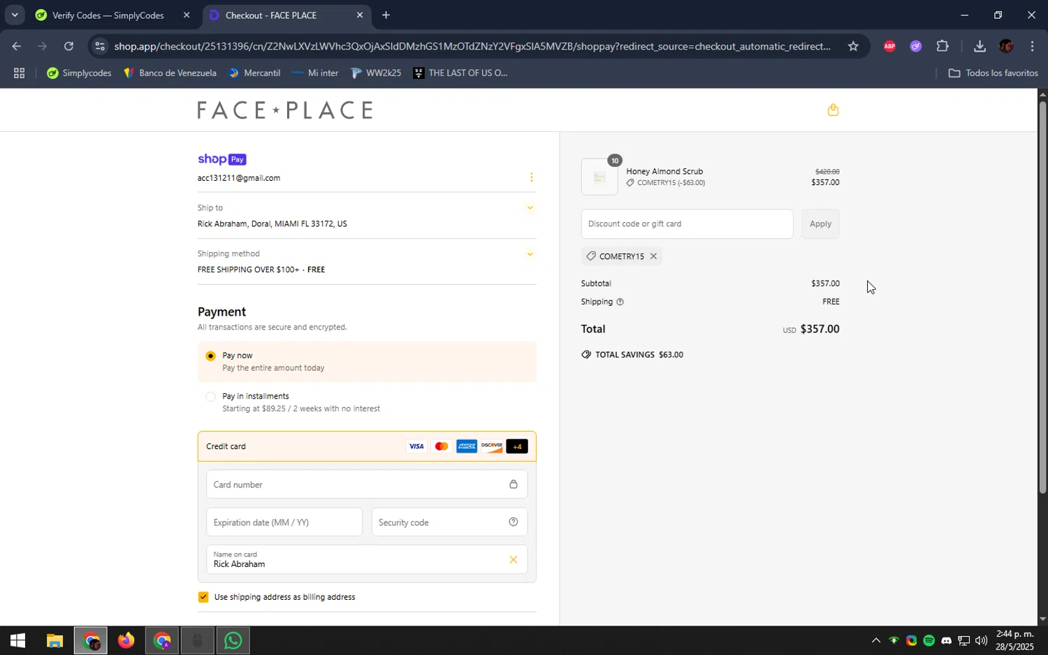 Face Place promo code screenshot showing code Cometry15 applied at Face Place checkout page. Uploaded by SimplyCodes community member DealEagle493 on May 28, 2025