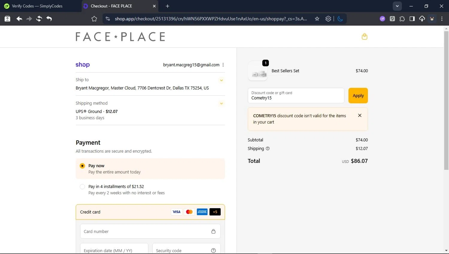 Face Place promo code screenshot showing code Cometry15 applied at Face Place checkout page. Uploaded by SimplyCodes community member ValiantHunter5929 on Nov 9, 2025