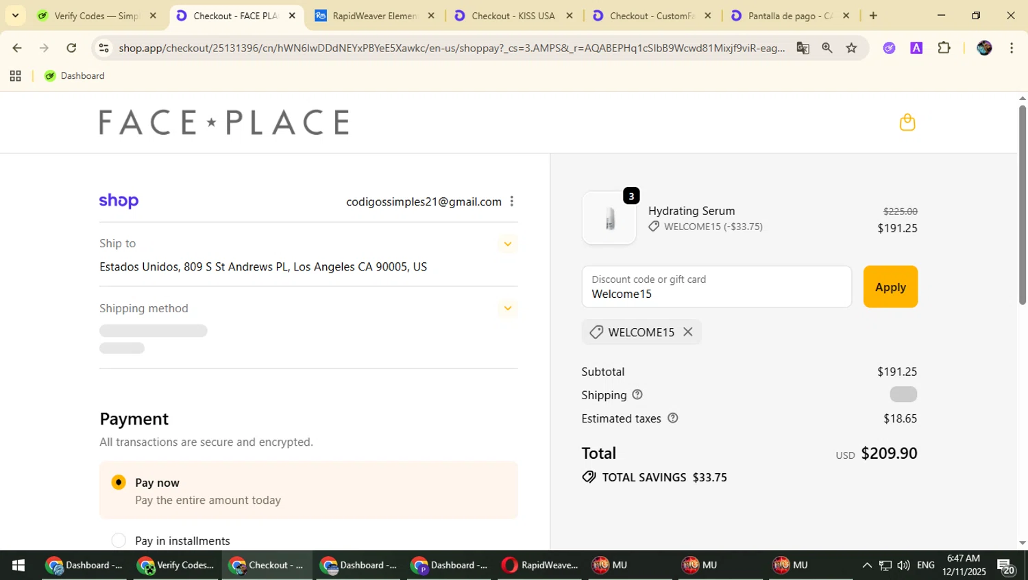 Face Place promo code screenshot showing code Welcome15 applied at Face Place checkout page. Uploaded by SimplyCodes community member Typhlosion on Dec 11, 2025