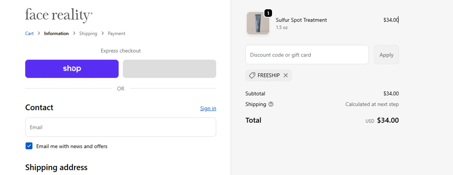 Face Reality Acne Skincare promo code screenshot showing code FREESHIP applied at Face Reality Acne Skincare checkout page. Uploaded by SimplyCodes community member salepmigajera on Oct 23, 2025